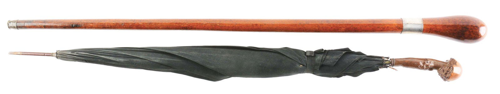LOT OF 4: ANTIQUE BULBTOP CANE, UMBRELLA & LADIES: Lot consists of: first, a cane with large globular handle with a silver presentation; second, an umbrella with carved mushroom head for the handle; third, a 35" long cane with etched gold filled handl