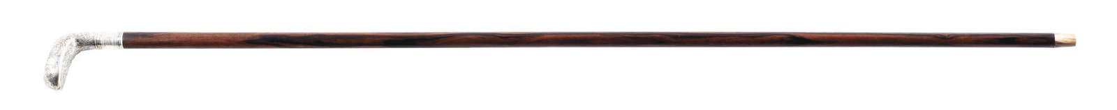 STERLING SILVER GOLF "SUNDAY STICK" WALKING STICK CANE.: Often called "Sunday Sticks", these pieces were used to stroll on golf courses on Sunday when they were classed for the Sabbath. The chased silver handle is in the shape of a golf club. The handle is 