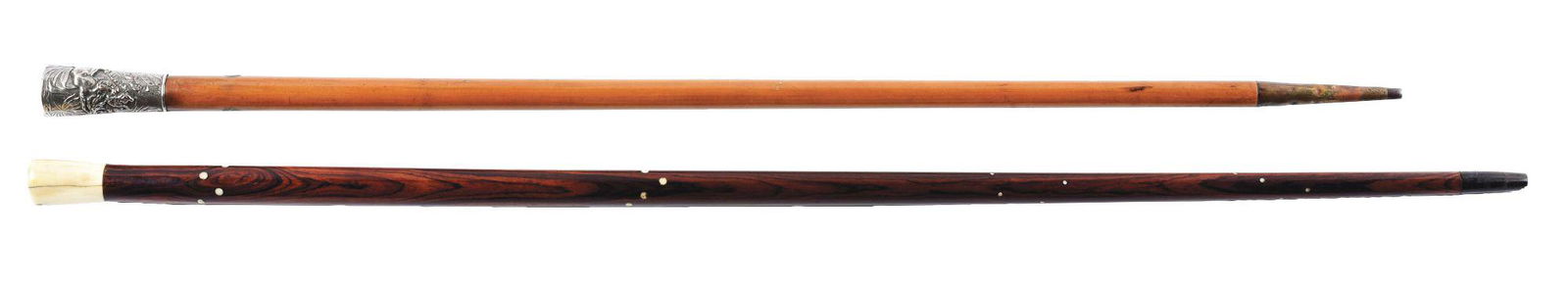 LOT OF 2: SHEFFIELD SILVER KNOB AND BONE KNOB WALKING: First is a c.1800's Sheffield silver knob walking stick cane from the early 1800's. The handle is 3" high by 1 - 1/4" across the top. It is chased with a hunting scene - two dogs and a lion with a bac