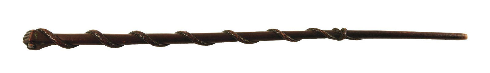 FIGURAL WOODEN FOLK ART CANE WITH HAND HOLDING SNAKE.: c. Late 1800's. Very nicely carved and detailed cane with fist holding the head of a snake that wraps around the length of the cane. Condition: (Excellent). Dimensions: 35 - 1/2" L x 1 - 1/2" D.