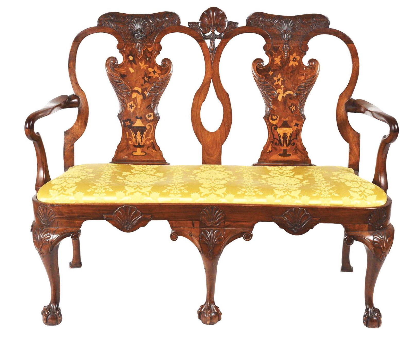 GEORGIAN STYLE SETTEE.: English, late 19th century double back settee. Outstanding marquetry inlaid splats with elaborate Rococo style C-scrolls, shell and acanthus carving. Balloon slip seats in yellow damask upholstery wit