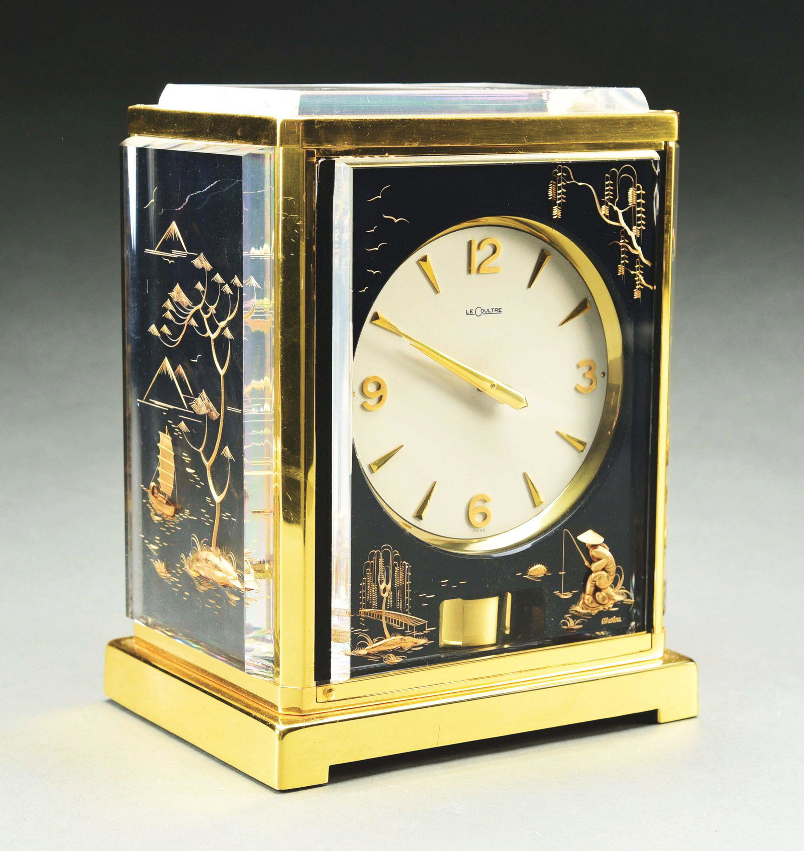 JAEGER LECOULTRE ATMOS CENTURY PERPETUAL CLOCK: Jaeger-LeCoultre "Century" Atmospheric perpetual calendar mechanical mantel clock with black Chinoiserie "Marina" motif in original case with papers. Caliber 526-5. White dial with applied gold tone A