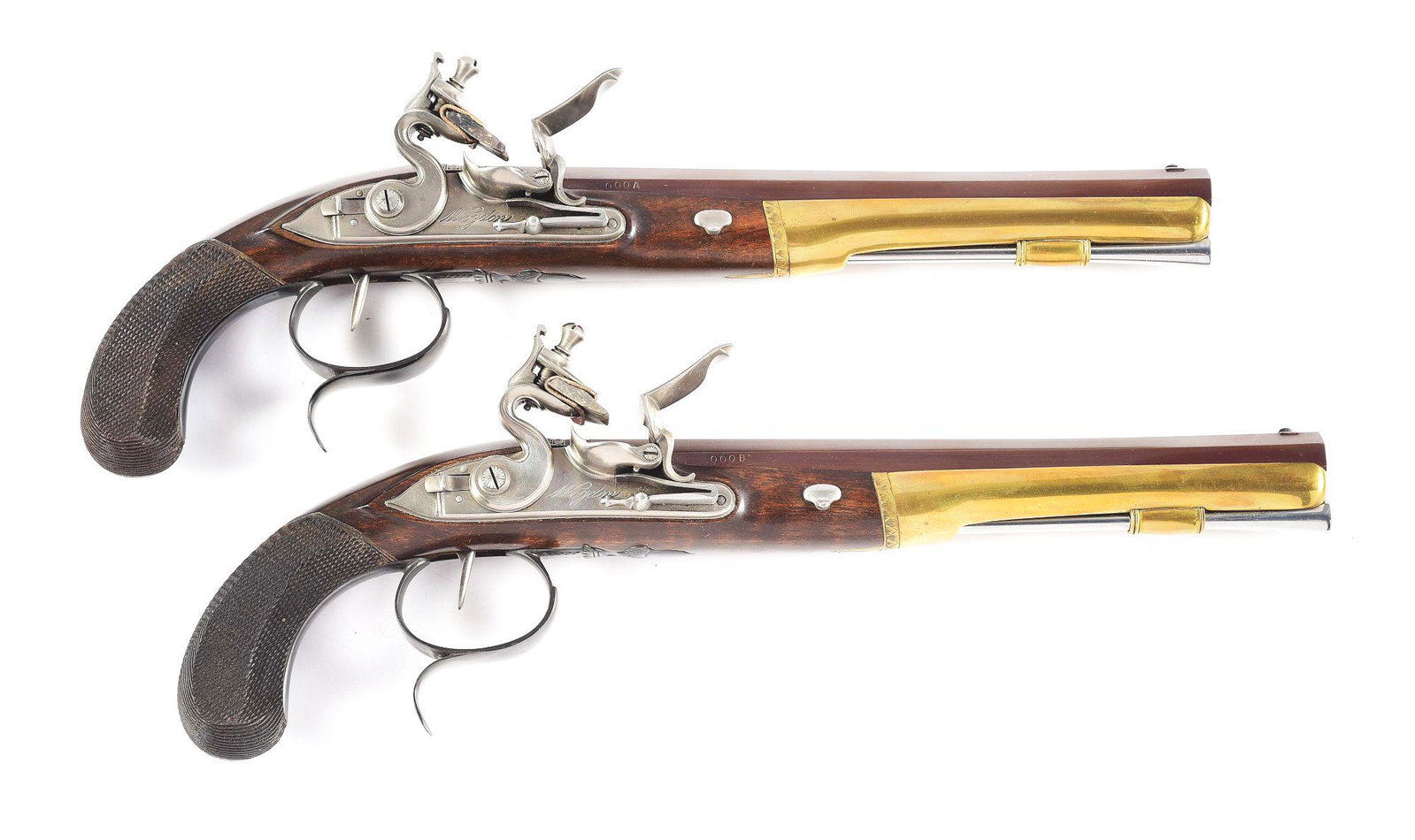 (A) CASED PAIR OF U.S. HISTORICAL SOCIETY WOGDON: Manufactured for the U.S. Historical Society to commemorate the duel between Alexander Hamilton and Aaron Burr, which used a pair of Wogdon pistols. Both pistols are identical with small blade front s