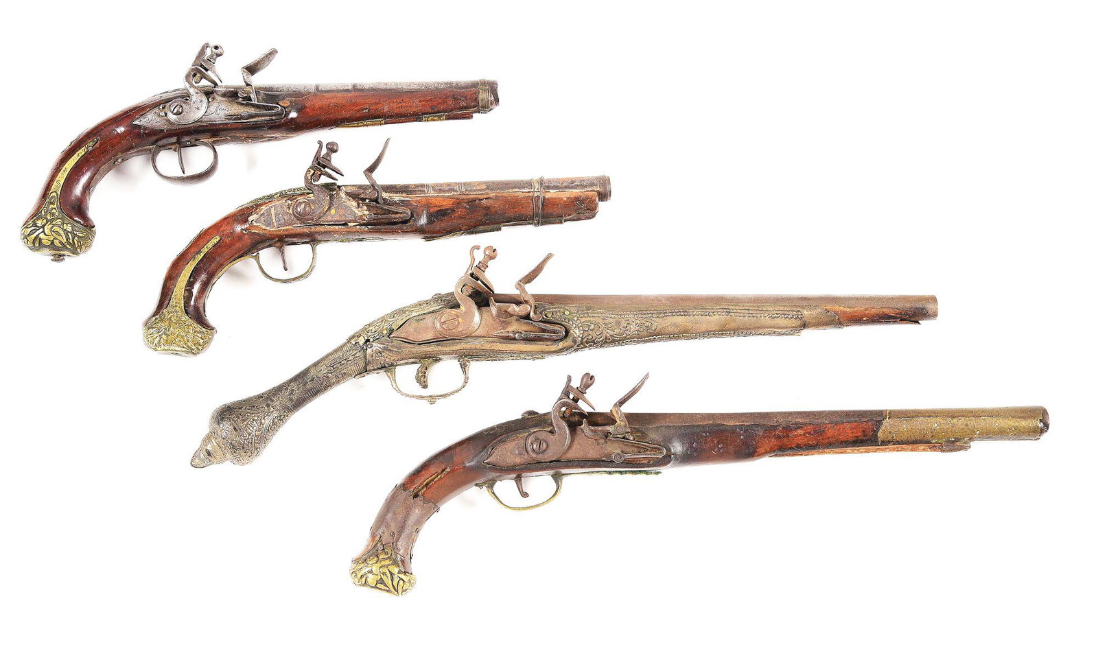 (A) LOT OF 4: MIDDLE EASTERN AND MEDITERRANEAN FLINT: Lot consists of: Four flintlock pistols in attic as found condition. CONDITION: Fair as locks fail to operate properly and some small items are missing from brass furniture. Two are missing lock screw