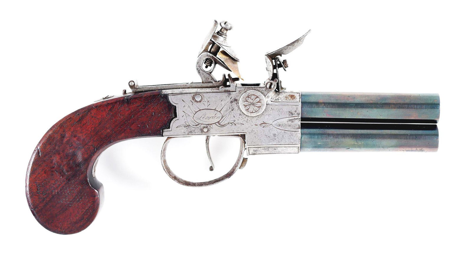 (A) JONES TAP ACTION SUPERPOSED .50 CALIBER FLINTLOCK: Superposed false rifled barrels attached to boxlock signed on left side "Jones" and right side "London", both enclosed in a stand of arms. Boxlock with simple line engraving and "1" on left side next 