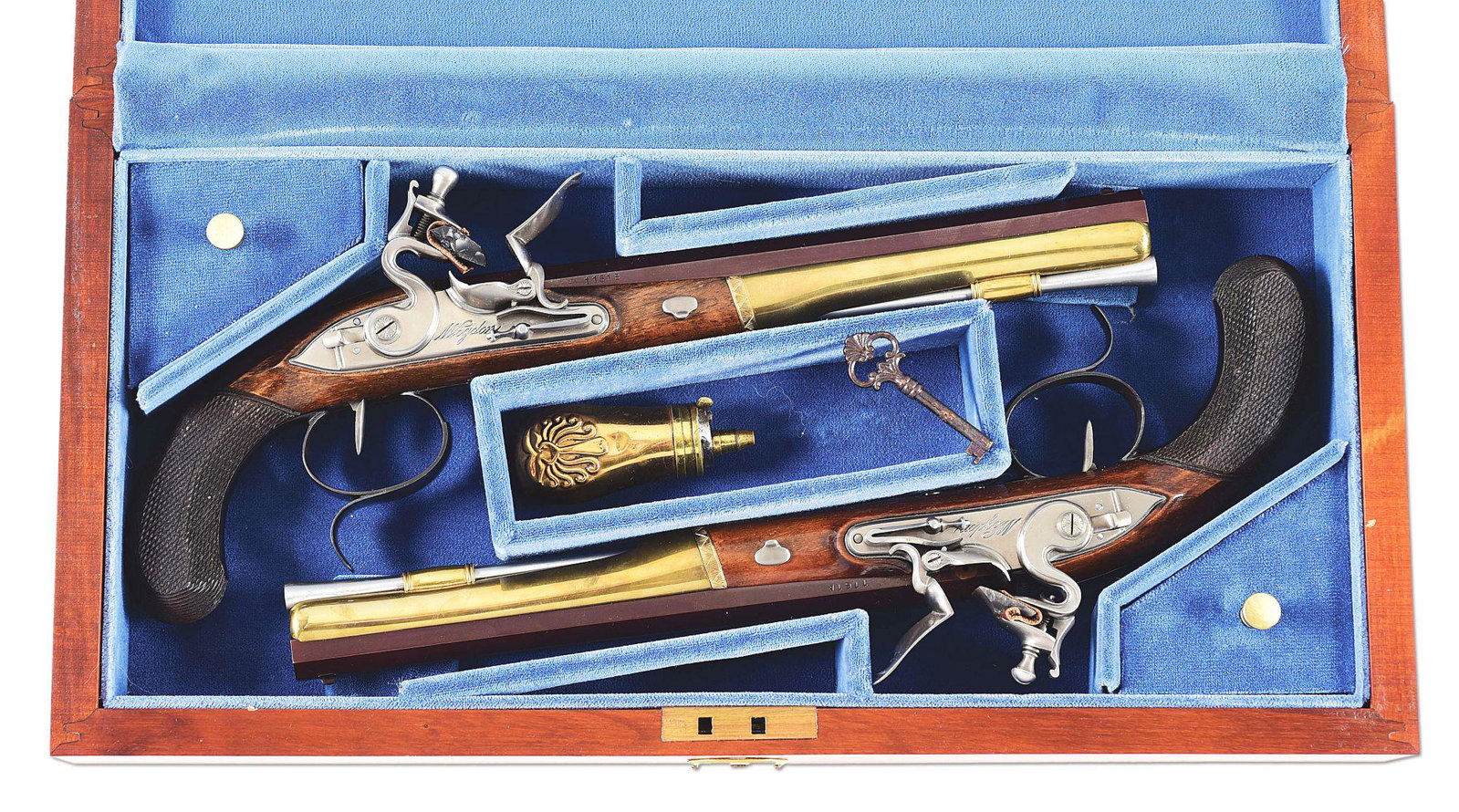 (A) PAIR OF US HISTORICAL SOCIETY WOGDON .54 CALIBER: Manufactured by the U.S. Historical Society to commemorate the duel between Alexander Hamilton and Aaron Burr, which used a pair of Wogdon pistols. Both pistols are identical with small blade front si
