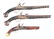 (A) LOT OF 3: VICTORIAN AND TOWER FLINTLOCK PISTOLS.
