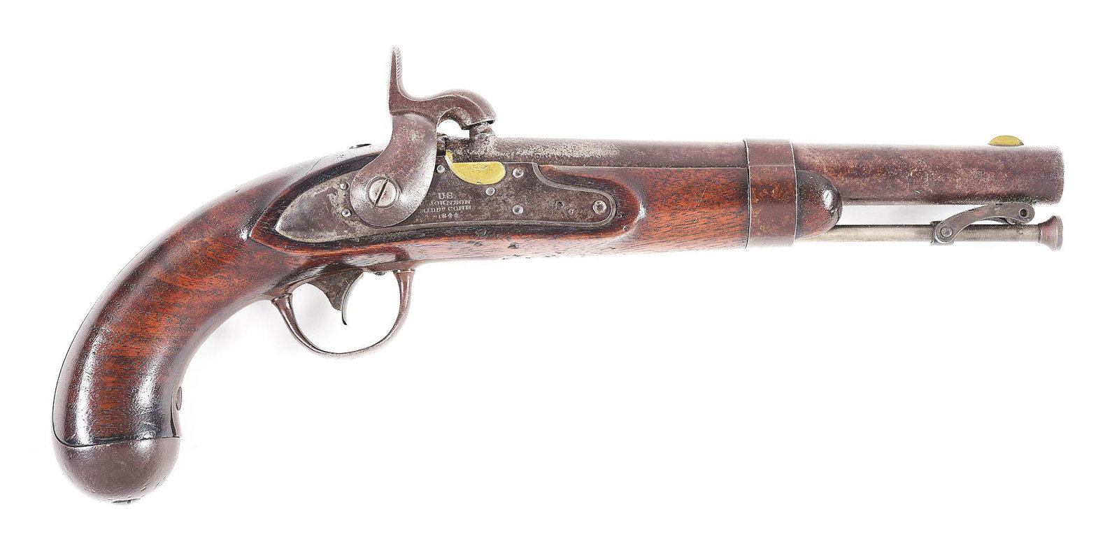 (A) JOHNSON 1836 .54 PERCUSSION PISTOL.: Dated 1844 with "US Johnson Middn Conn" marked lock. Percussion conversion from flint with 8-1/2" .54 caliber round barrel and swivel type rammer. One piece walnut stock with very strong US inspector 