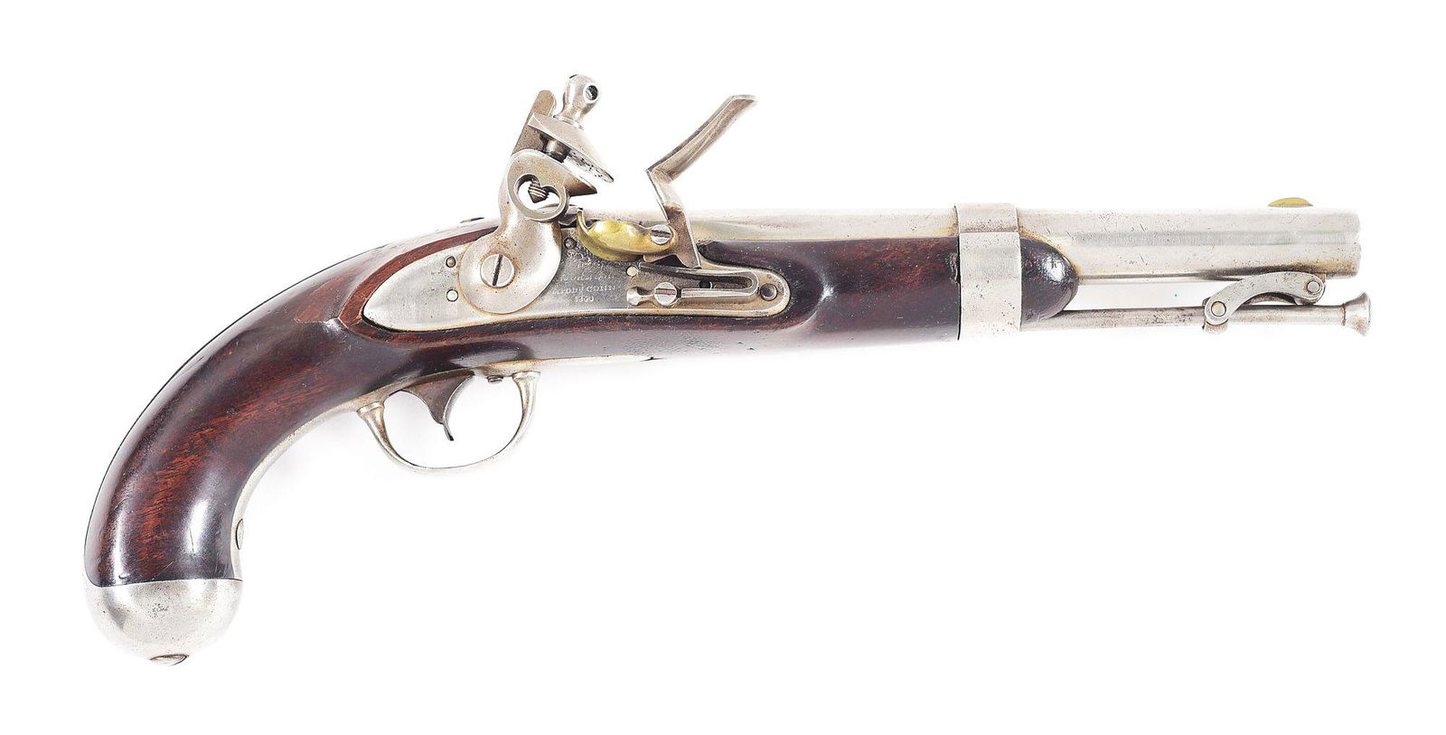 (A) JOHNSON 1836 FLINTLOCK MARTIAL PISTOL DATED 1840.: Manufactured by Robert Johnson in Middletown, Connecticut and dated 1840 on lock. 8-1/2" round bright steel barrel with swivel rammer. One piece walnut stock with vivid US inspectors cartouches and al