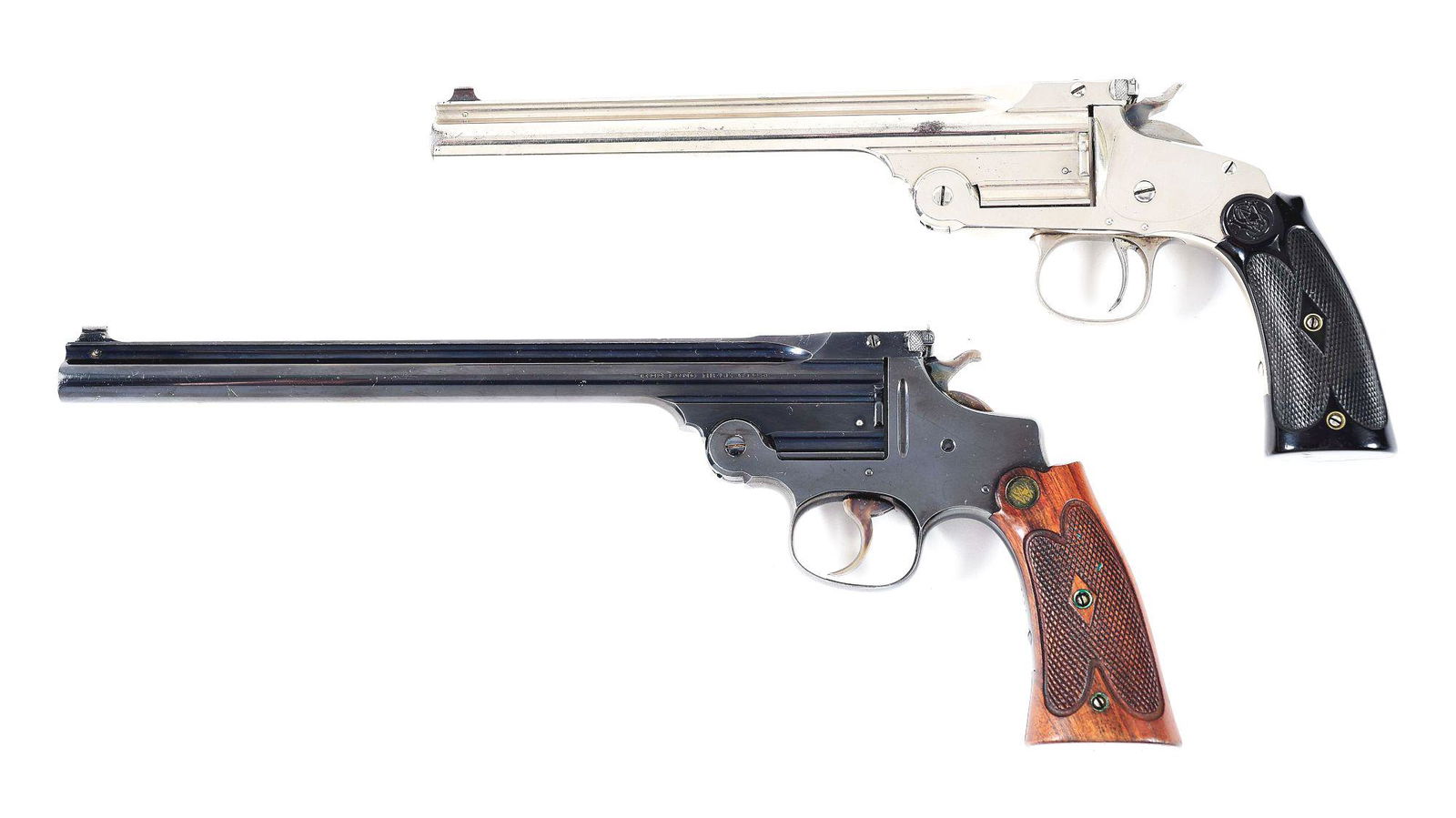 (A&C) PAIR OF RARE SMITH & WESSON MODEL 1891: Lot consists of: (A) Very early factory nickel finished Model 1891 .22 single shot target pistol with 8" barrel and still retaining recoil shield on frame. Paine target blade front sight with adjustab