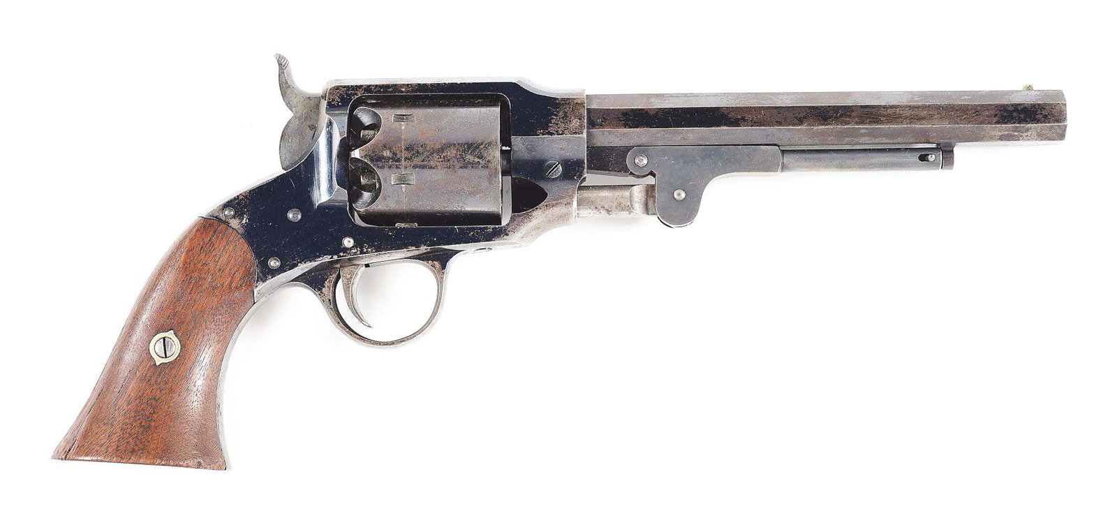 (A) CIVIL WAR ROGERS & SPENCER ARMY MODEL 1865 .44: Produced in 1865 in Utica, New York with a contracted quantity of 5,000. 7-1/2" octagon barrel, 6-shot .44 caliber percussion revolver finished in blue with 2-piece walnut grips with US inspectors "RP