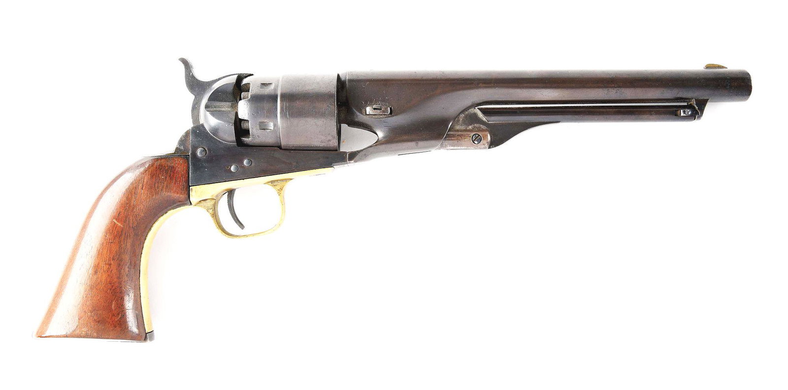 (A) COLT 1860 ARMY .44 REVOLVER.: Colt Model 1860 Army revolver. 8" barrel, 6 shot rebated cylinder. Chambered in .44 caliber percussion. Blue with case hardened frame and hammer. Brass trigger guard. 1 piece walnut grips. CONDITION: 