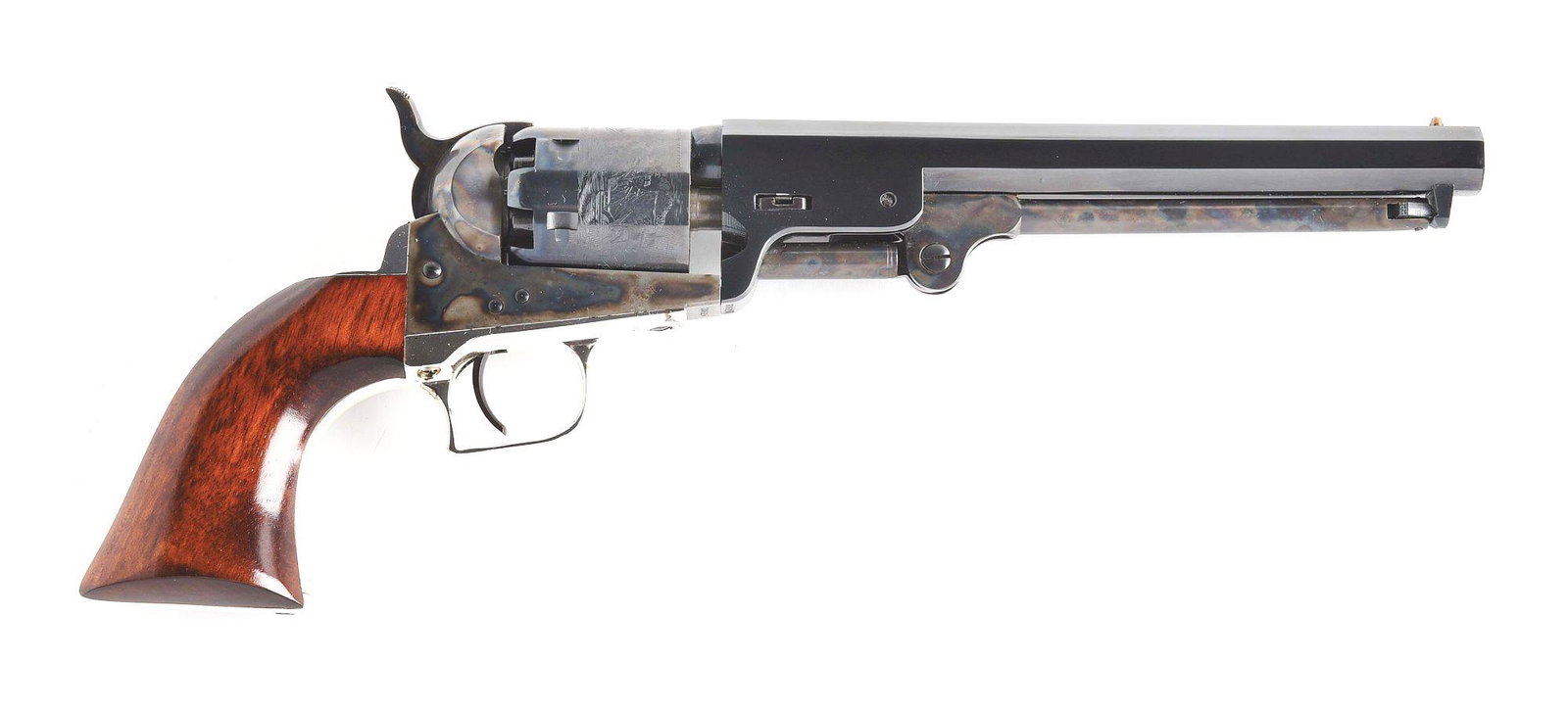 (A) COLT 1851 NAVY PERCUSSION REVOLVER WITH ACCESSORIES: Colt Signature Series 1851 Navy percussion revolver with box and accessories kit. 3rd Generation gun made in the 1990's and early 2000's. Top of the barrel is marked "ADDRESS SAML COLT NEW-YORK CITY".