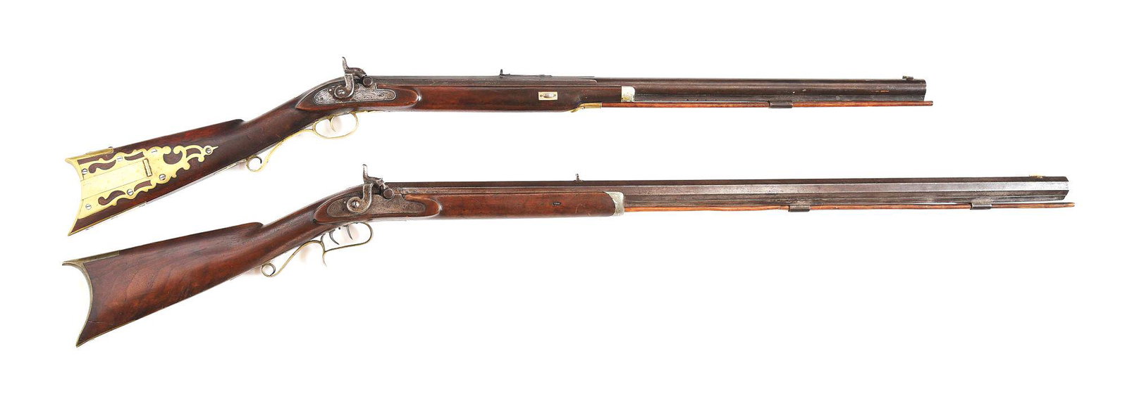 (A) LOT OF 2: NEW YORK STYLE AND H MOLIS HALF STOCK: Lot consists of: (A) Half stock Kentucky style rifle with percussion lock marked "Warren Albany". Typical New York style rifle with perch belly walnut stock. Octagon to round rifled barrel with rifle 