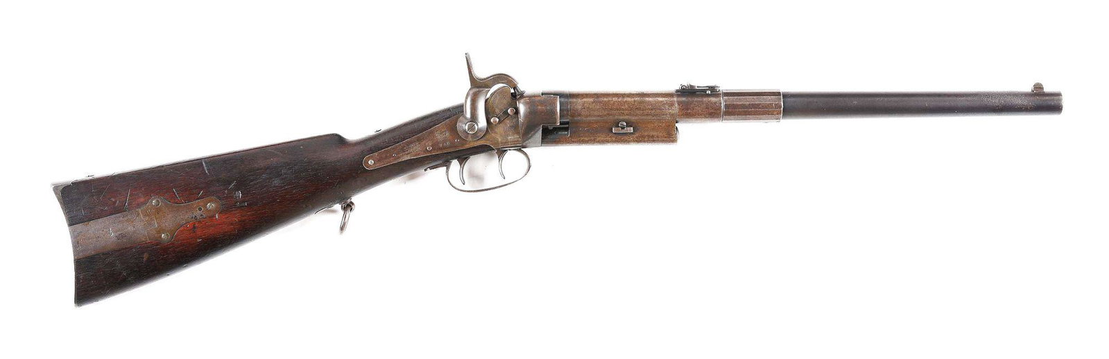 (A) MASSACHUSETTS ARMS CO. GREENE CARBINE PERCUSSION: British type Greene carbine made by Massachusetts Arms Co. in Chicopee Falls, Massachusetts circa 1855-1857. Scarce with reportedly, only about 2,000 made. Most interesting is the odd-twisting barrel 