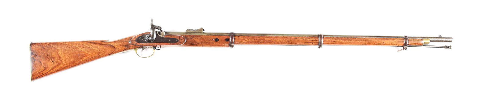 (A) ENFIELD MODEL 1853 TOWER PERCUSSION RIFLE.: Style of rifle imported by both sides during the American Civil War. Percussion lock marked "Tower" and dated 1859 and "(Crown) / VR" mark at the rear. Walnut wood stock with illegible cartouches. Rif