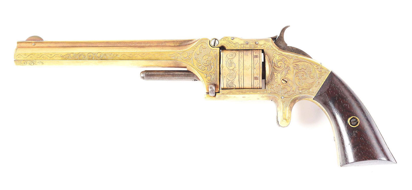 (A) CUSTOM ENGRAVED AND GOLD PLATED SMITH AND WESSON: Smith & Wesson Number Two Old Model Army single action revolver. Manufactured between 1861-1874. Tip-up frame, with 6" octagon, ribbed barrel. 6-shot non-fluted cylinder chambered in .32 Long Rimfire.