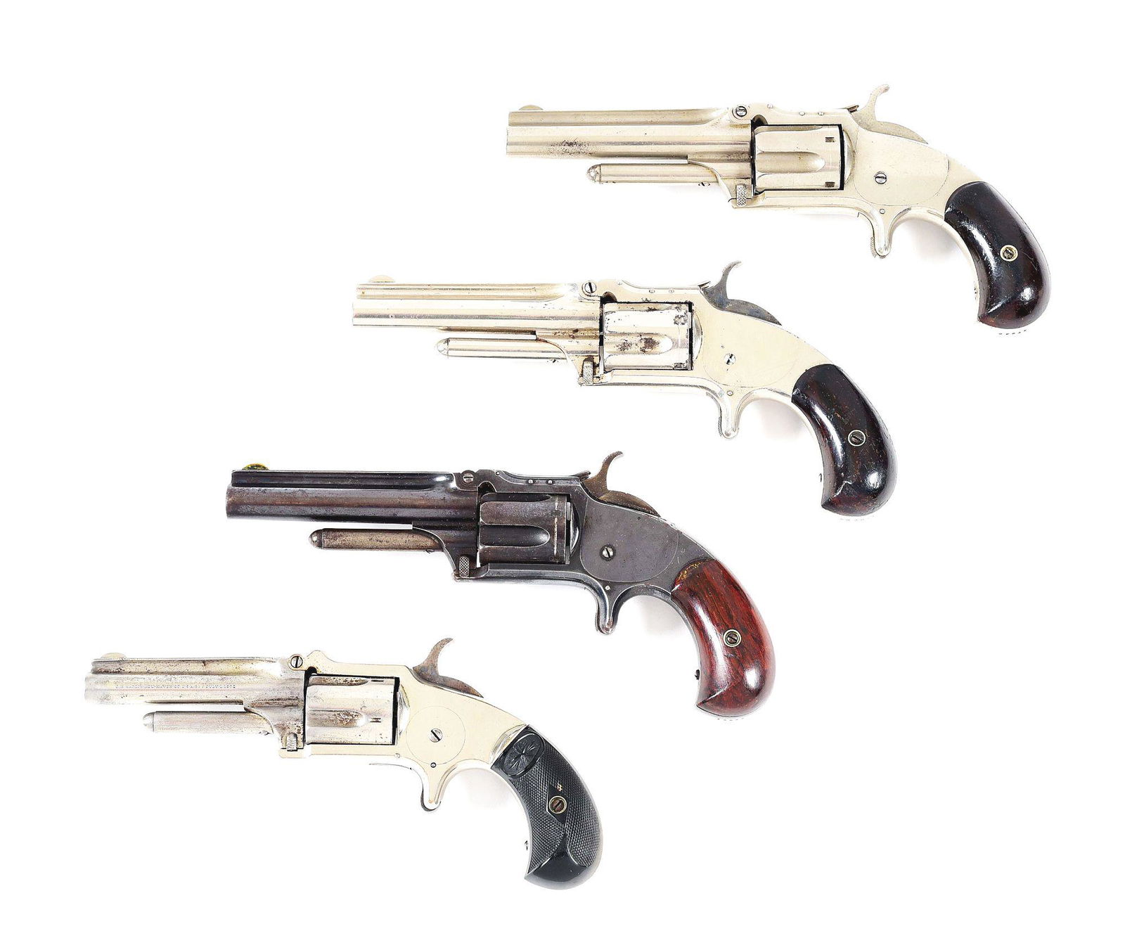 (A) LOT OF 4: 3 SMITH & WESSON MODEL 1-1/2 AND 1 MARLIN: Lot consists of: (A) Smith & Wesson 1-1/2 Single action revolver. 3-1/2" barrel with nickel finish and rosewood grips. Serial number 57239 found on butt and on grips. CONDITION: Very good with over 90