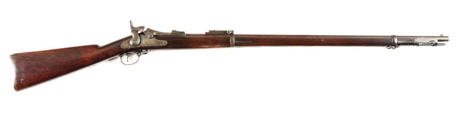 (A) SPRINGFIELD MODEL 1884 TRAPDOOR SINGLE SHOT RIFLE.: Manufactured 1891. U.S. Springfield Model 1884 Trapdoor rifle with rod bayonet and Buffington sight. Chambered for .45-70 Government cartridge. One piece walnut stock with SWP 1891 cartouche on left s