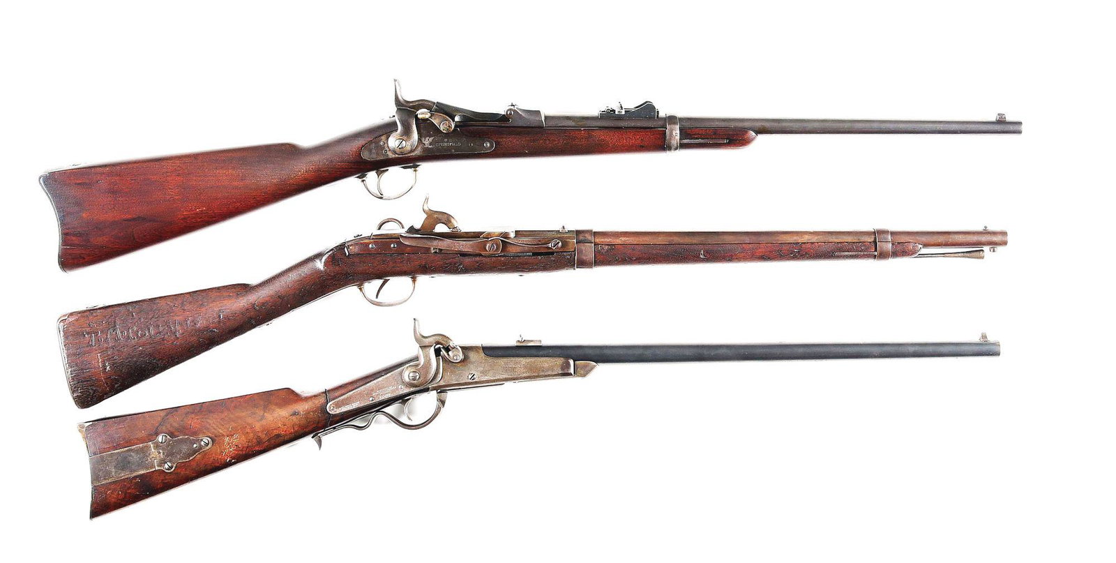 (A) LOT OF 3: SPRINGFIELD 1873, 1833 HALL, AND GALLAGER: Lot consists of: (A) Springfield 1873 Carbine made from a rifle. Blued breechblock dated 1873 with case hardened lock marked U.S. Springfield. Correct "C" marked rear sight. Two piece triggerguard. Wa