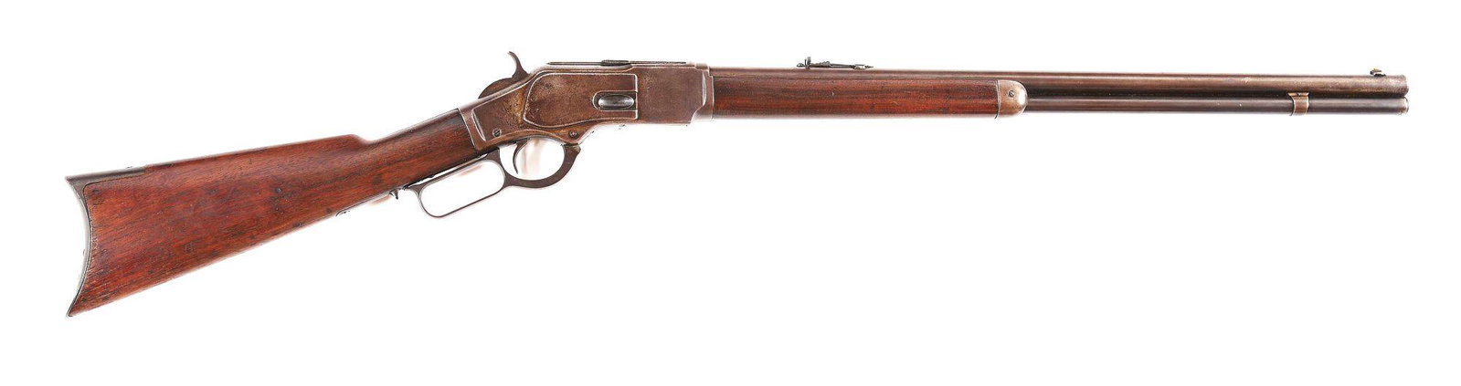 (A) WINCHESTER 1873 .38 WCF LEVER ACTION RIFLE: 1888 vintage Winchester Model 1873, serial number 256849B. 24" round barrel with full length magazine tube. Marbles rear barrel sight. Plain trigger. Chambered in .38-40 W.C.F. Plain straight grain wa
