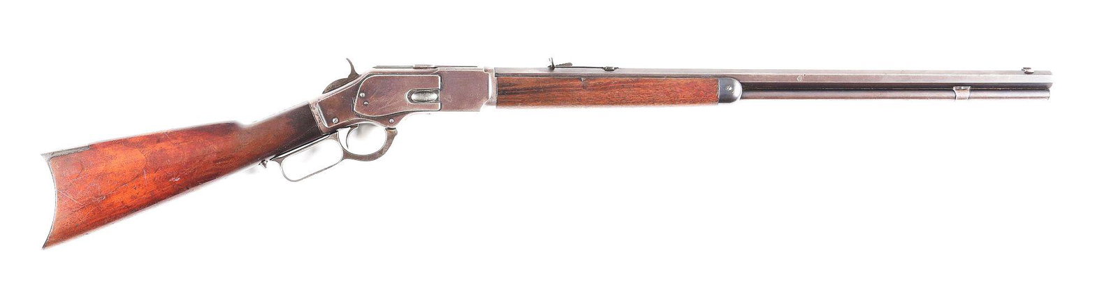 (A) WINCHESTER 1873 .32-20 LEVER ACTION RIFLE.: 1895 vintage Model 1873, serial number 497897B. 24" octagon barrel and full length magazine tube. Chambered in .32-20 WCF. Standard front and rear barrel sights. Blue with case hardened lever and hamm