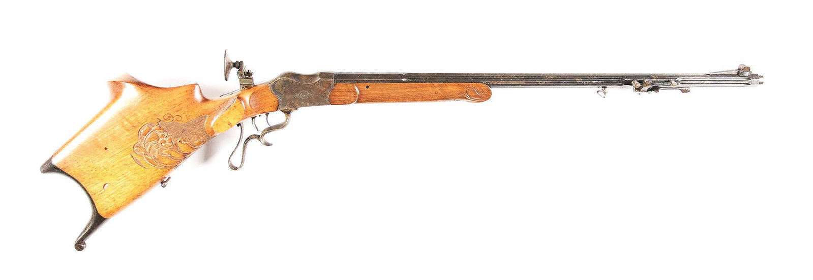 (A) R. WAGNER ZIMMERSTEUTZEN RIFLE.: Front of barrel turned down for a bullet starter. Slide on front sight with protective ears and a small blade sight that has broken off to near base on an elevated island with stippled ramp. Octagonal
