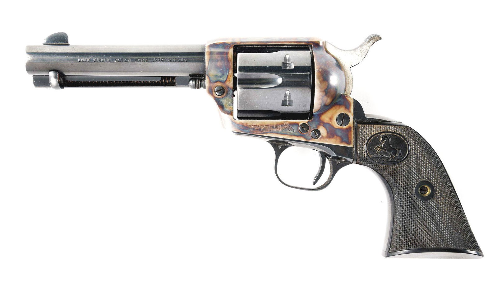 (C) COLT SINGLE ACTION ARMY .357 MAGNUM REVOLVER.: Second Generation Colt Single Action Army Revolver. 4-3/4" barrel chambered in .357 Magnum. Blue with case hardened frame. 2 piece checkered black plastic grips. Accompanied by a factory letter identi