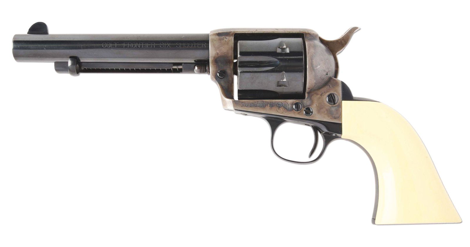 (A) COLT FRONTIER SIX SHOOTER .44 SINGLE ACTION: Colt Single Action Army revolver, made in 1892 serial number 146772. Serial number has been reapplied with a laser engraver. 5-1/2" barrel with roll die inscription: "COLT FRONTIER SIX SHOOTER". Chamb
