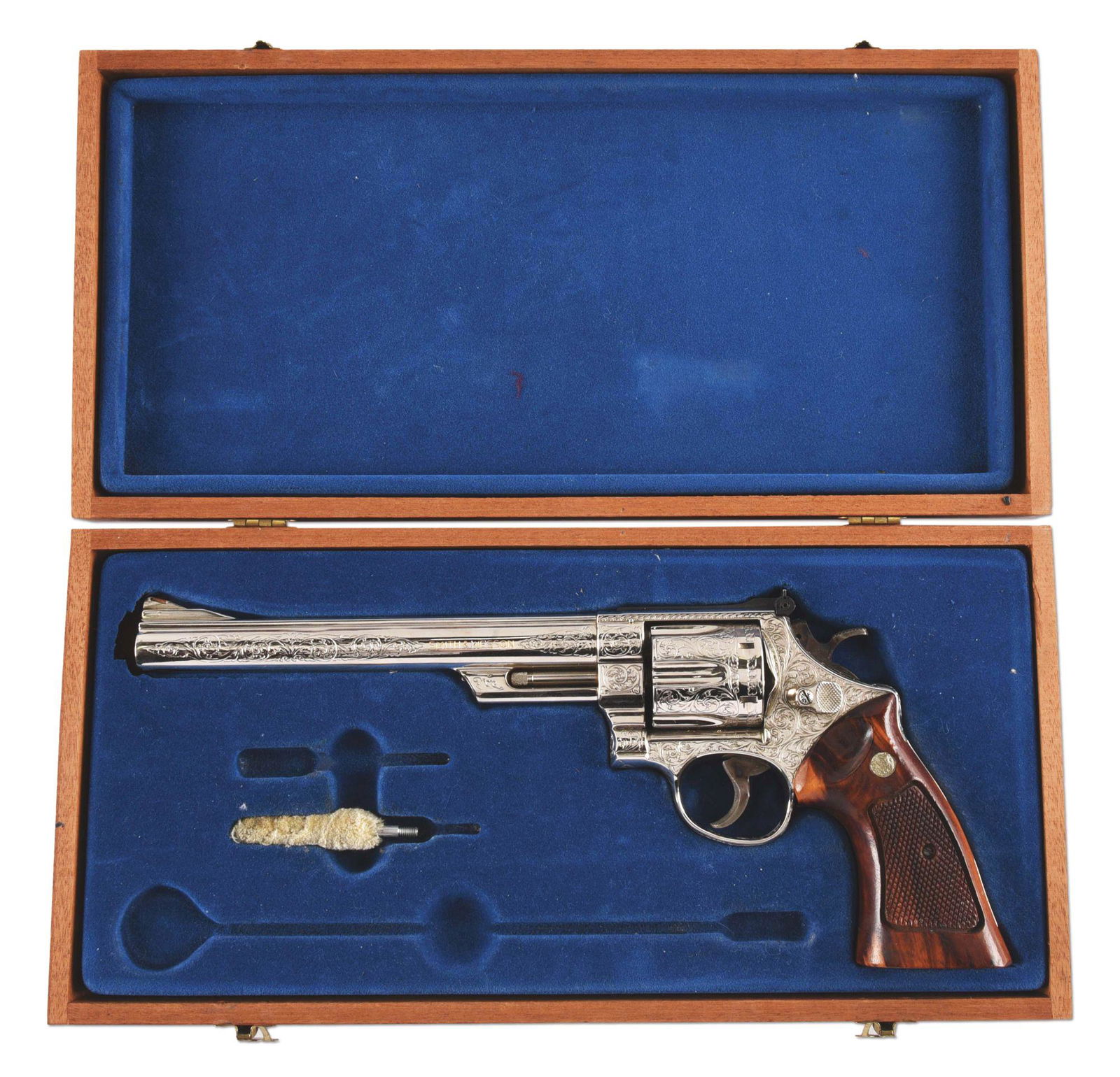 (M) ENGRAVED SMITH & WESSON MODEL 29-2 .44 MAGNUM: Smith and Wesson Model 29-2 double action revolver with case. Made in the 1970s. Factory round steel barrel with rib and blade front sight. Adjustable rear sight. Factory nickel with some aftermarket