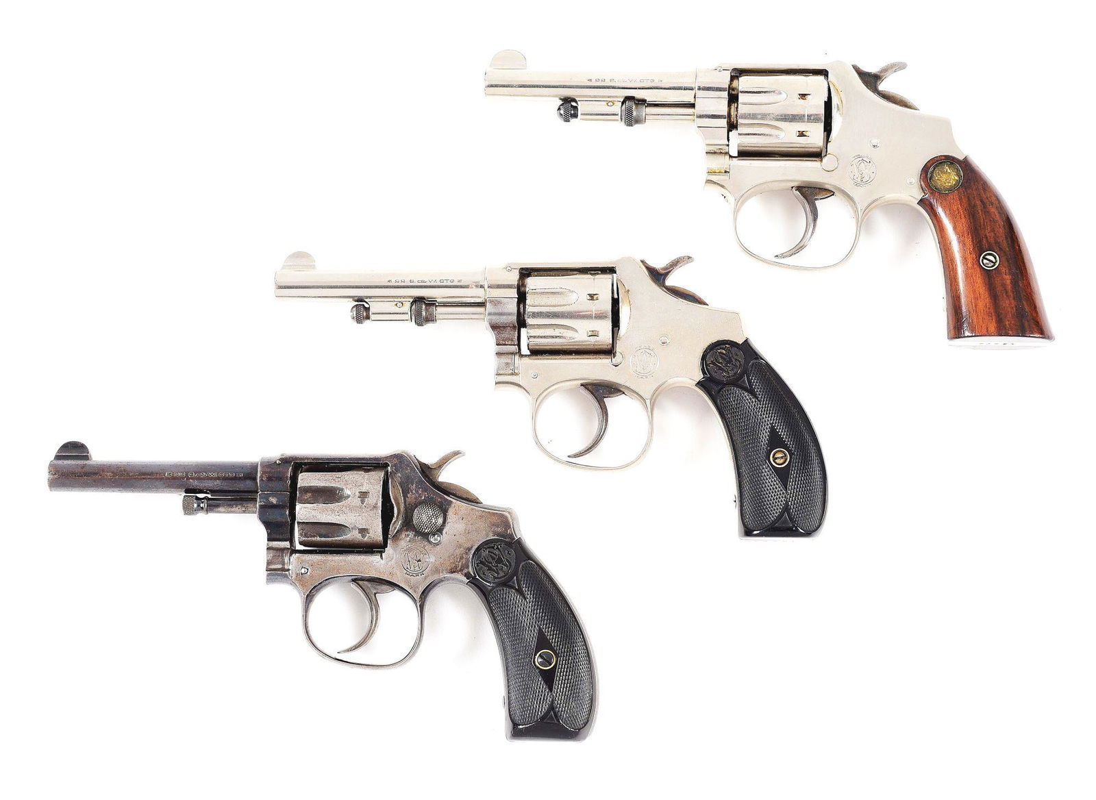 (C) LOT OF 3: SMITH & WESSON REVOLVERS.: Lot consists of: (A) Lady Smith 3rd Model (.22 perfected). Manufactured between 1911-1921 with total production of 12,203 made. Seven shot fluted cylinder. Double action on a small hand ejector frame.