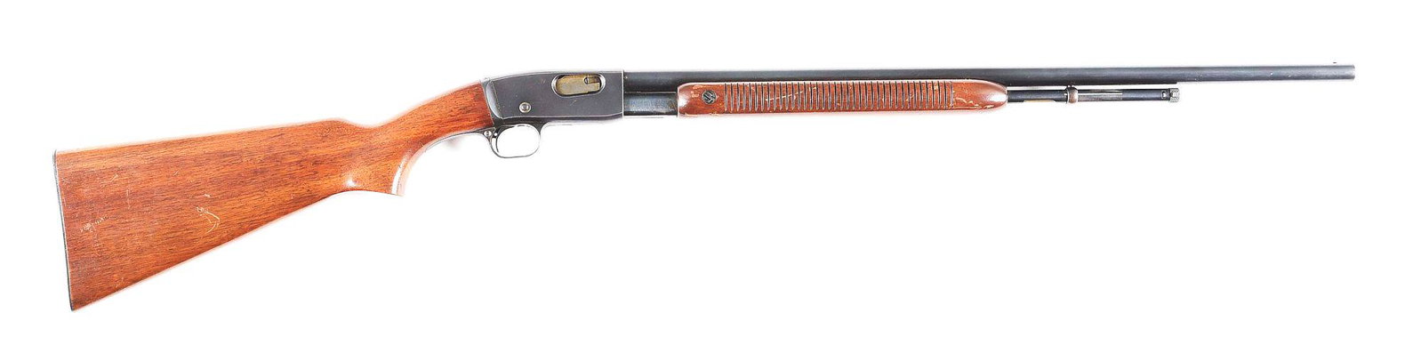 (M) REMINGTON FIELDMASTER 121 ROUTLEDGE BORE .22 SHOT: Remington Model 121 "Fieldmaster" slide action rifle. 23-1/2" round barrel with a "Routledge" .22 caliber rifled bore to .400 smoothbore. Blue with plain straight grain, pistol grip stock, and grooved