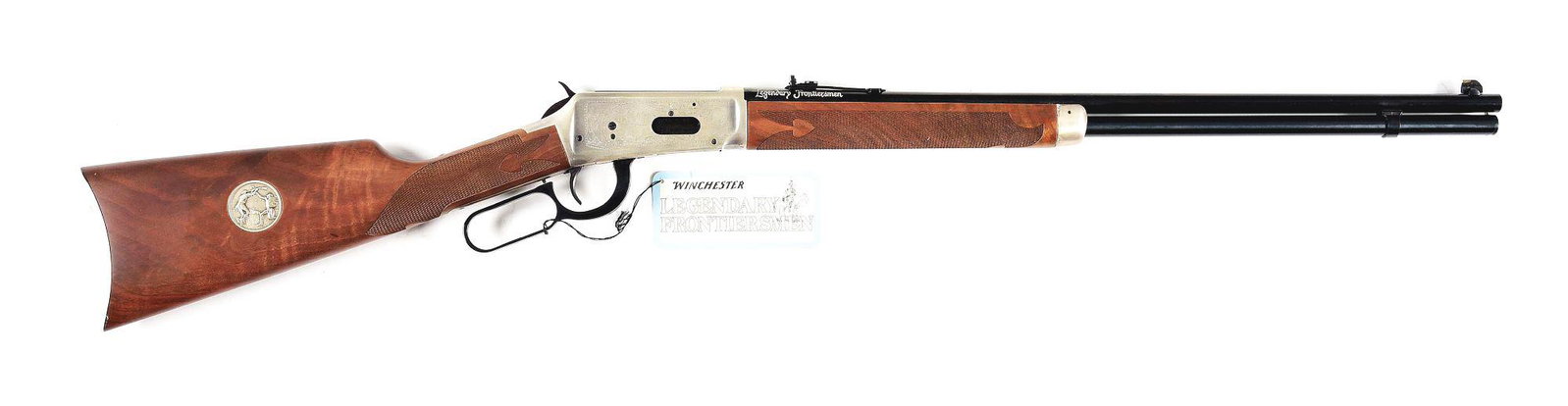 (M) WINCHESTER 94 LEGENDARY FRONTIERSMEN LEVER ACTION: Winchester Model 94 Legendary Frontiersmen Commemorative rifle. 24" round barrel and full length magazine tube. Chambered in .38-55. Blue with coined finished frame and forearm cap. Checkered select g