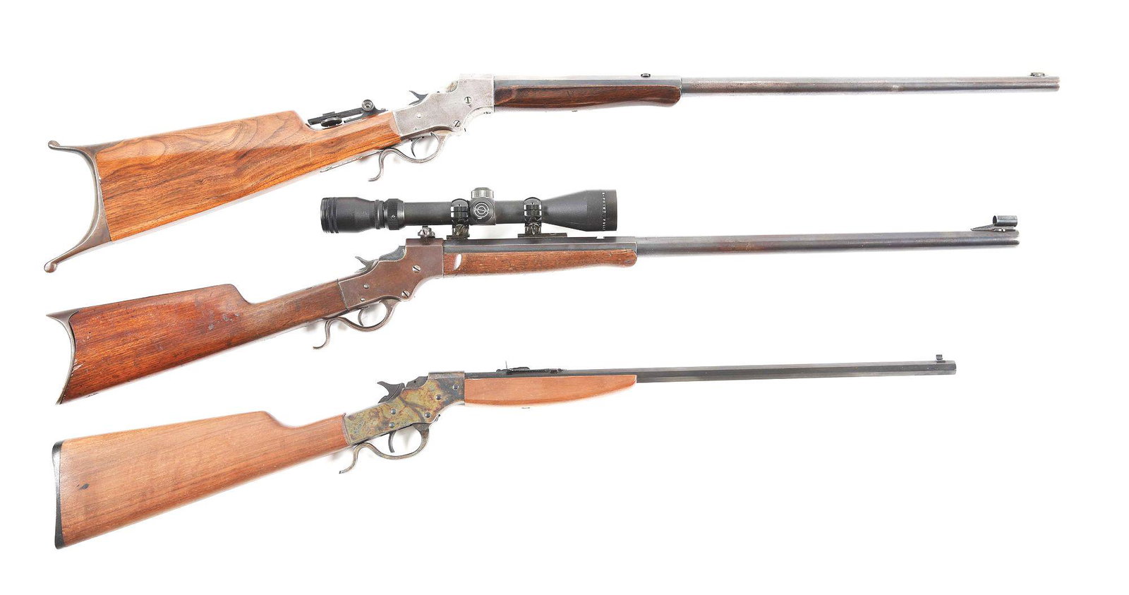(C+M) LOT OF 3: (A)(B) STEVENS MODEL 44 AND (C) SAVAGE: Lot consists of: A) J. Stevens Arms and Tool Company with blued half round half octagon barrel with plugged rear sight and blade front. Aftermarket tang vernier sight. Case hardened 44 single shot act