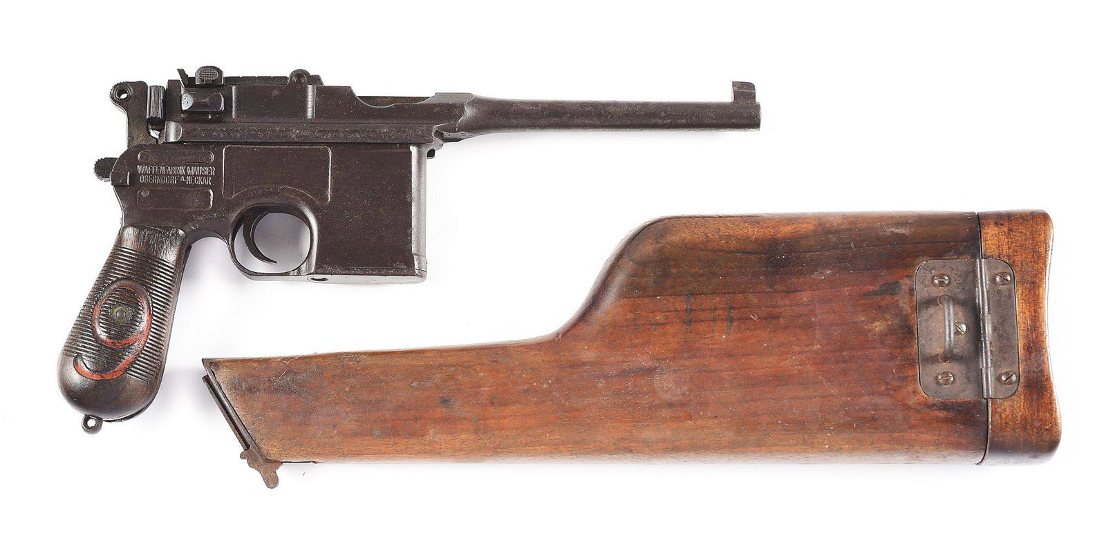 (C) SCARCE AND DESIRABLE MAUSER C96 "RED NINE": Standard configuration with large "9" in grips, some red paint remains. Gun has all matching numbers. Accompanied by an original stock in matching condition, however someone renumbered the attaching i