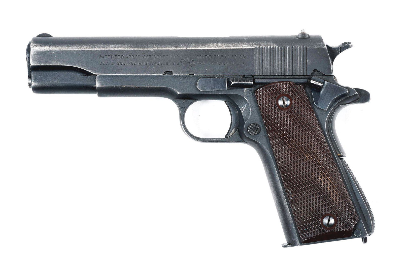 (C) COLT 1911A1 .45 ACP SEMI-AUTOMATIC PISTOL (1943).: Half moon front sight, U notch rear sight. Slide number 812531 under firing pin retaining plate. Left side of slide with two line two block patent information with intercepting pony. Barrel with "COLT