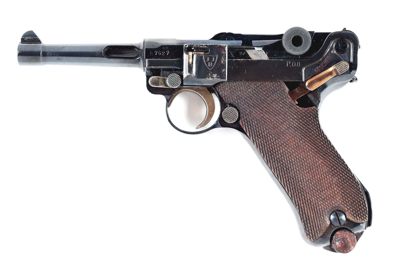 MAUSER P.08 NON-FACTORY CUTAWAY LUGER PISTOL.: Non-factory cut away Luger. Mauser banner on the front toggle link. Gun has been nicely made into a cut away or training aid. Would be a great addition to any Luger collection. World War one magazine 