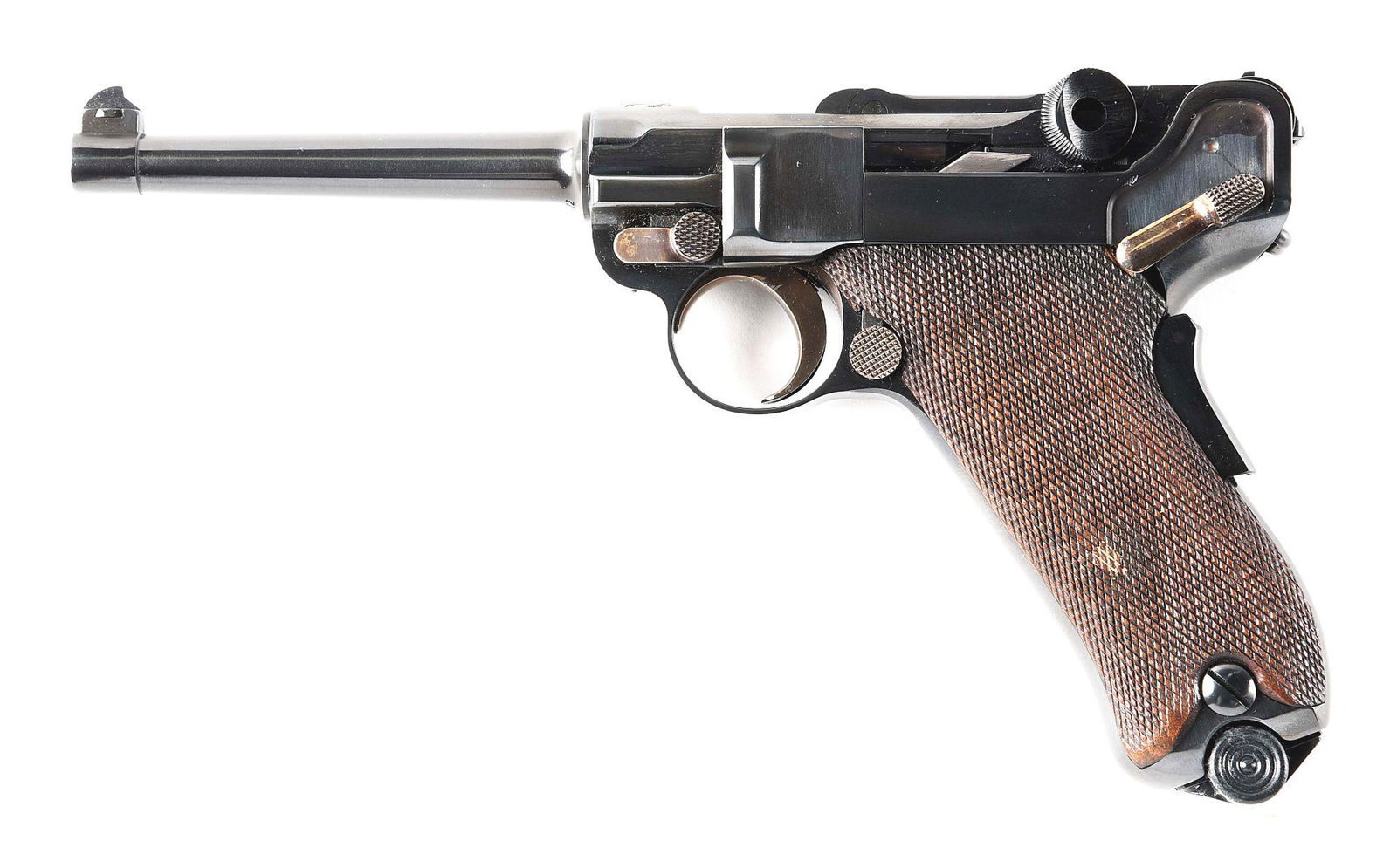 (C) 1900 DWM AMERICAN EAGLE LUGER SEMI AUTOMATIC: Old model Luger with flat mainspring, dished toggle and toggle lock. Narrow trigger, wide grip safety and early safety lever. 2 piece checkered wood grip panels. CONDITION: Gun retains 98% of the non-