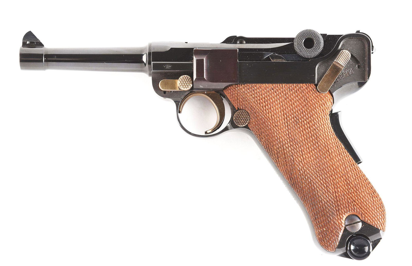 (C) ORIGINAL MAUSER AMERICAN EAGLE LUGER SEMI AUTOMATIC: Like new in original box. Manufactured in the 1970's and imported by Interarms. This is a copy of the famed German hand gun. Toggle action, ramp front sight, 2 piece checkered wood grip panels, grip s