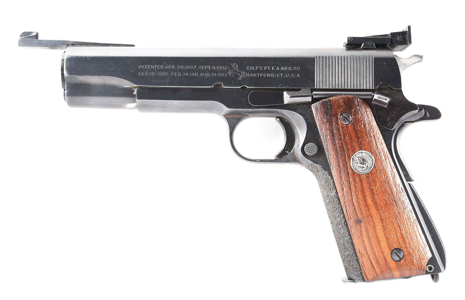 (C) COLT US ARMY MODEL 1911A1 .45 ACP SEMI-AUTOMATIC: Colt Model 1911A1 semi-automatic pistol. Made 1943. Frame is marked "UNITED STATES PROPERTY M 1911 A1 U.S. Army" on the right side of the frame. Side is marked "MODEL OF 1911 U.S. ARMY" on the right s
