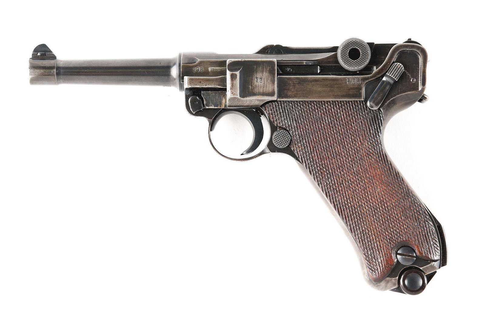 (C) MAUSER BYF CODE LUGER 9MM SEMI AUTOMATIC PISTOL.: Manufactured in 1941 by Mauser for the German Army. The wood grip panels are not numbered but are original. The take down lever has been broken off and is not original to the gun. The firing pin is no