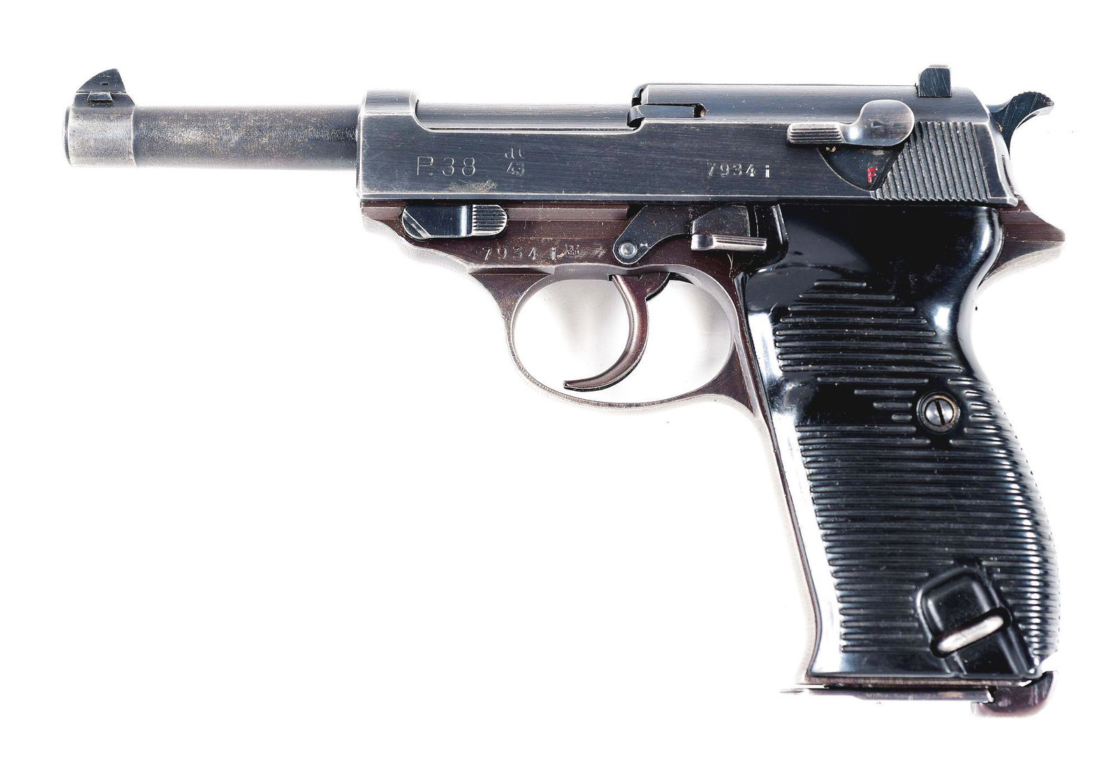 (C) WORLD WAR II NAZI GERMAN WALTHER 1943 P.38 SEMI: Standard configuration. "(Eagle) / 359" inspected. "ac/ 43" on the left side of the slide. "(Eagle) / 359" inspected magazine. Black Bakelite grips. Accompanied by a leather pebble grain flap holster 