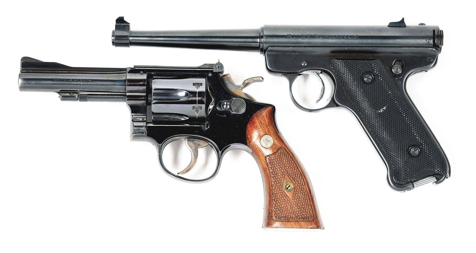 (C) LOT OF 2: RUGER 22 PISTOL AND SMITH AND WESSON K22: Lot consists of (A) Ruger semi-automatic Standard pistol chambered in .22 LR. 6" round barrel with fixed blade front and square notch rear sights. Blue with checkered black plastic grips. CONDITION: E
