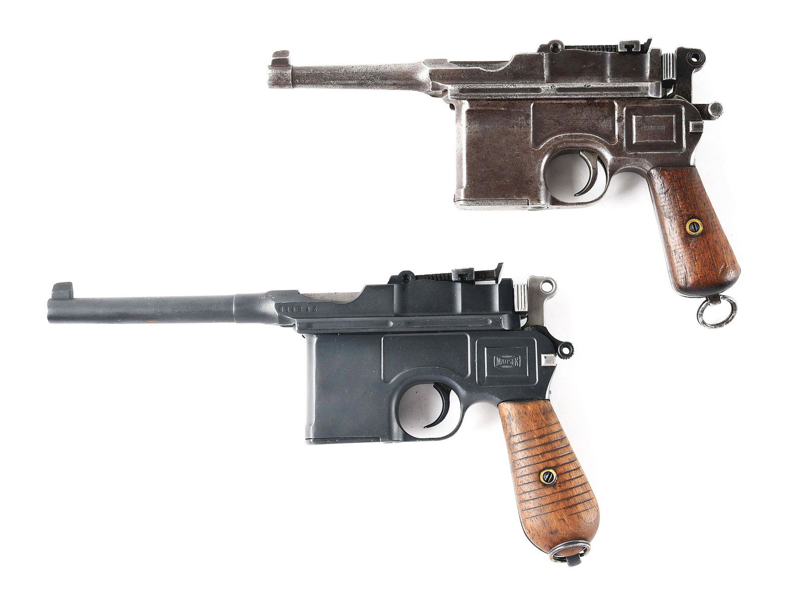 (C) LOT OF 2: MAUSER BOLO AND COMMERCIAL MODEL C96: Lot consists of (A) C96 Bolo with 50 - 1000 meter rear tangent sight with a post front sight. Ten round internal box magazine. Blowback semi-automatic action. Wood grip panels. CONDITION: The gun is m