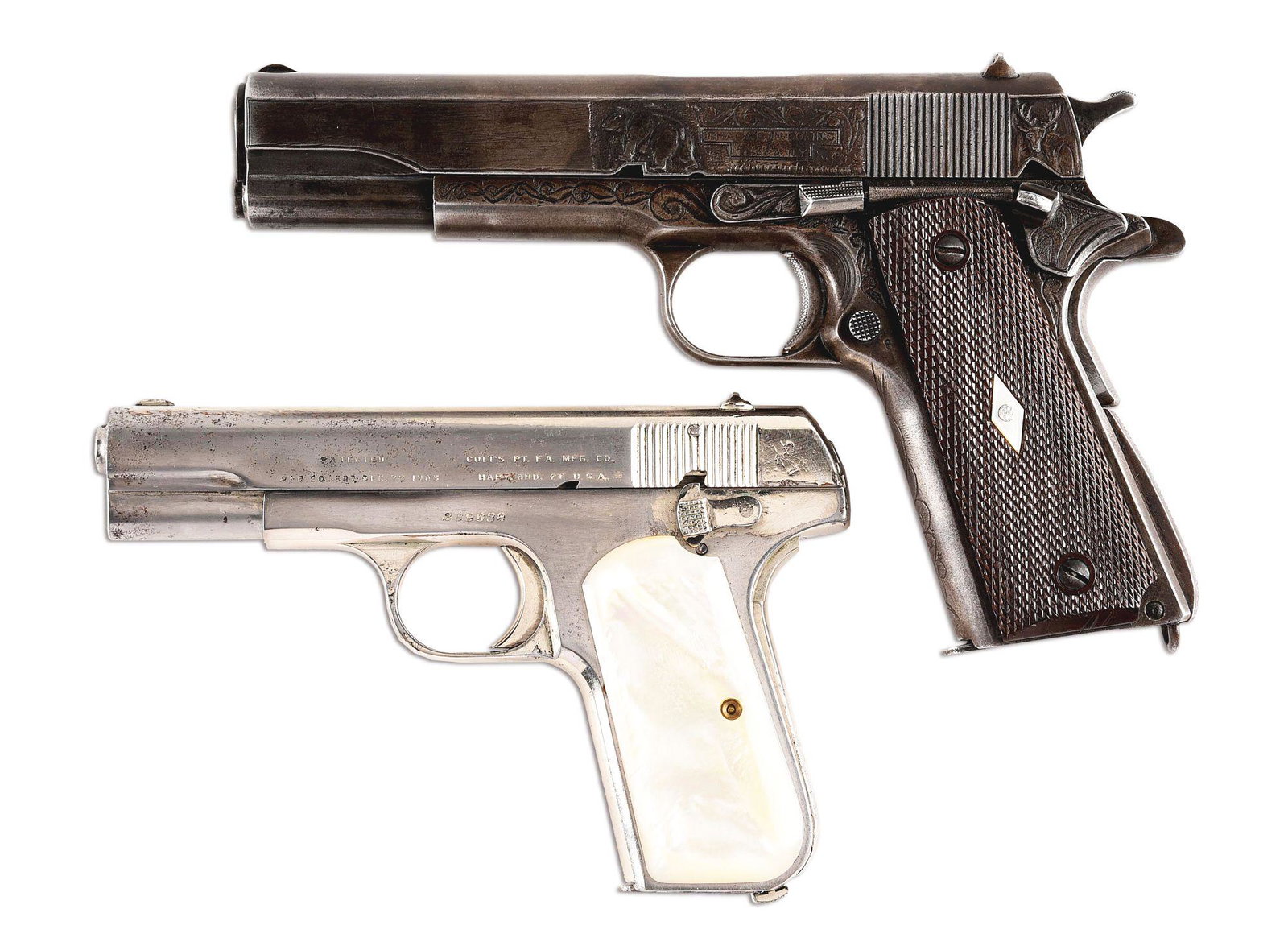 (C) LOT OF TWO: ITHACA 1911 A1 AND COLT 1903 SEMI: Lot consists of (A) Ithaca manufactured Colt 1911-A1. Manufactured in 1943, serial number 875744. 5" barrel chambered in .45 ACP. Replaced checkered plastic grips with a pearl diamond. Replaced magazi