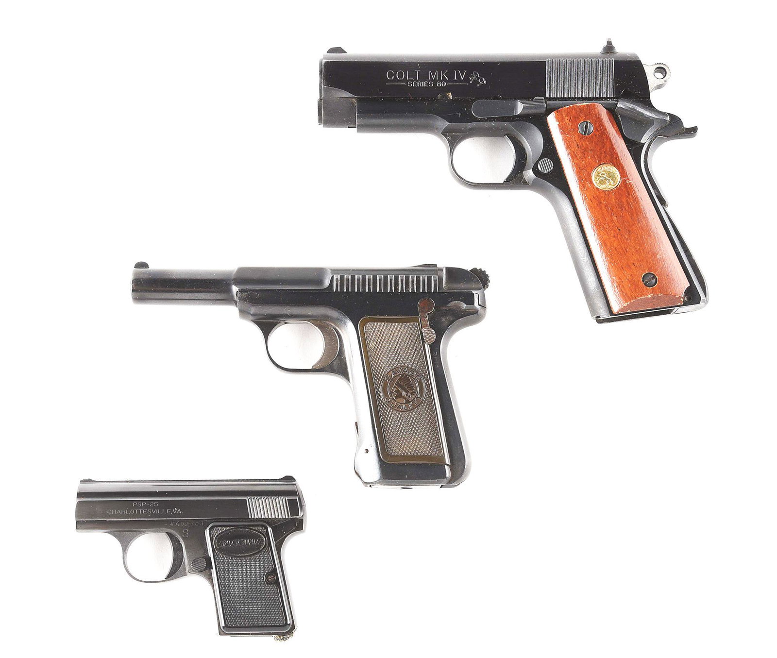 (C) LOT OF 3: COLT MK IV, SAVAGE 1907, AND KASSNAR: Lot consist of (A) Commanding officers model. All blue gun with three dot sights. Smooth wood grip panels with gold Colt medallions. Single action with a grip safety. CONDITION; Gun retains 90% of the