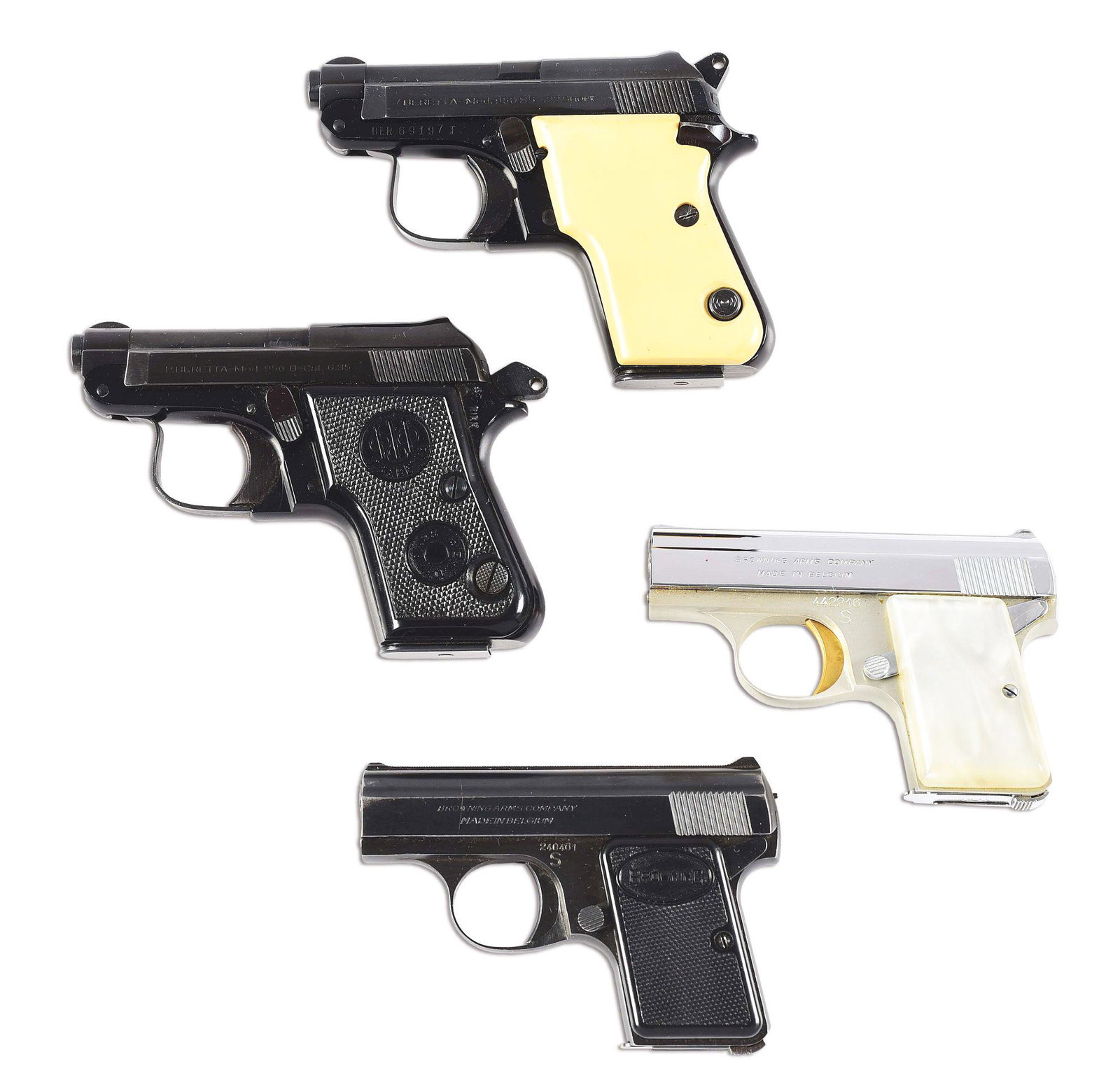 (C) LOT OF FOUR BERETTA AND BROWNING SEMI AUTOMATIC: (A) Beretta Model 950 BS .22 Short tipping barrel semi-automatic pistol. Blue finish with faux Ivory grips. Single action operation with 10 round magazine. CONDITION, Very good, with over 95% blue fin