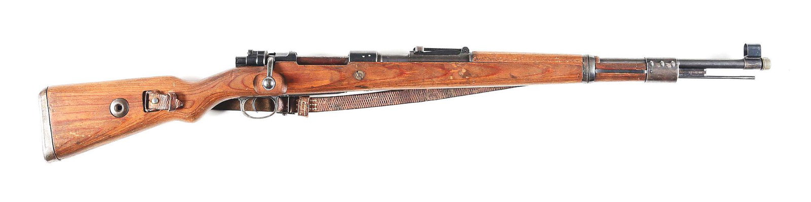 (C) DUFFEL CUT MAUSER BYF 44 CODE K98 BOLT ACTION: Manufactured by Mauser in 1944. No visible import marks. Receiver is stamped "BYF" over "44" with eagle over "135" waffenamts on the top and right sides. The left side of the receiver is stamped only 