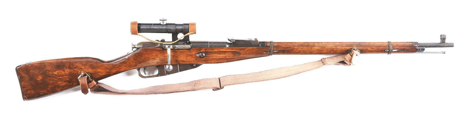 (C) IZHEVSK 91/30 PU BOLT ACTION SNIPER RIFLE.: Manufactured in 1944 by Izhevsk. Receiver is marked with the Soviet Union hammer & sickle over "1944r" followed by the serial number, and the Izhevsk arsenal stamp. Matching numbers include the receiv