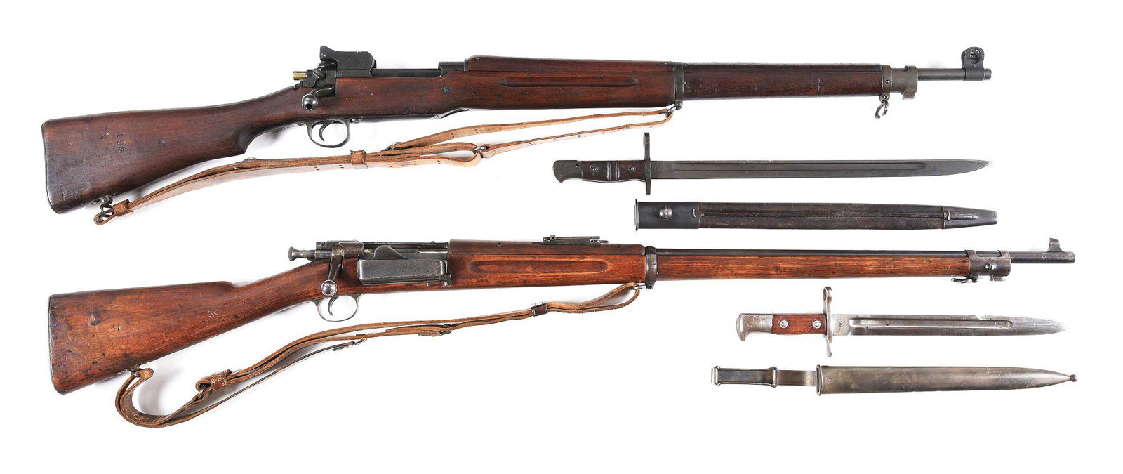 (C) LOT OF 2: EDDYSTONE 1917 AND SPRINGFIELD 1898 BOLT: (A) Eddystone Model 1917 Enfield rifle chambered for 30-06 with Pattern 1917 Remington bayonet with leather lithgow scabbard. Walnut stocks with ESAA inspectors cartouche on left side for WW2 reissue 